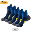 Five pairs of navy blue men's performance running and sport socks displayed flat.