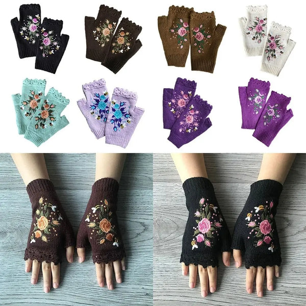 Embroidered Floral Bee Fingerless Gloves