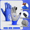 Blue Vilico performance cycling gloves shown with features like stretch comfort and shock absorption.