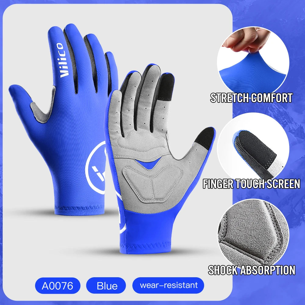 Blue Vilico performance cycling gloves shown with features like stretch comfort and shock absorption.
