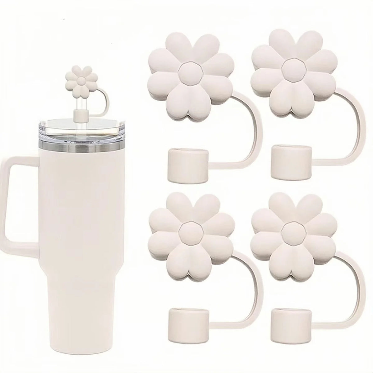 A white silicone straw cover set with flower-shaped tops and silicone grips for tumblers and water bottles
