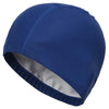 A navy blue waterproof swim cap shown from the side, highlighting its design for long hair protection.