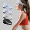 A woman is shown wearing various colored WRELS sports headbands, including a light gray one on her head and black ones displa