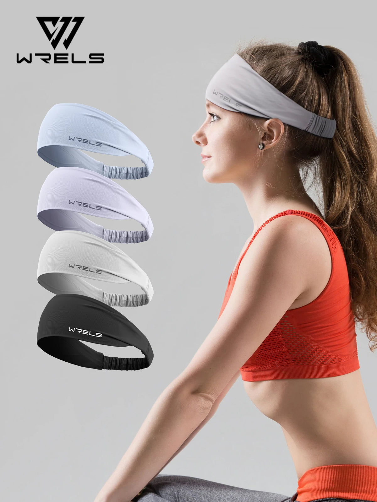 A woman is shown wearing various colored WRELS sports headbands, including a light gray one on her head and black ones displa