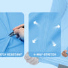 A light blue men's long sleeve shirt demonstrating breathable, scratch resistant, and 4-way stretch features.
