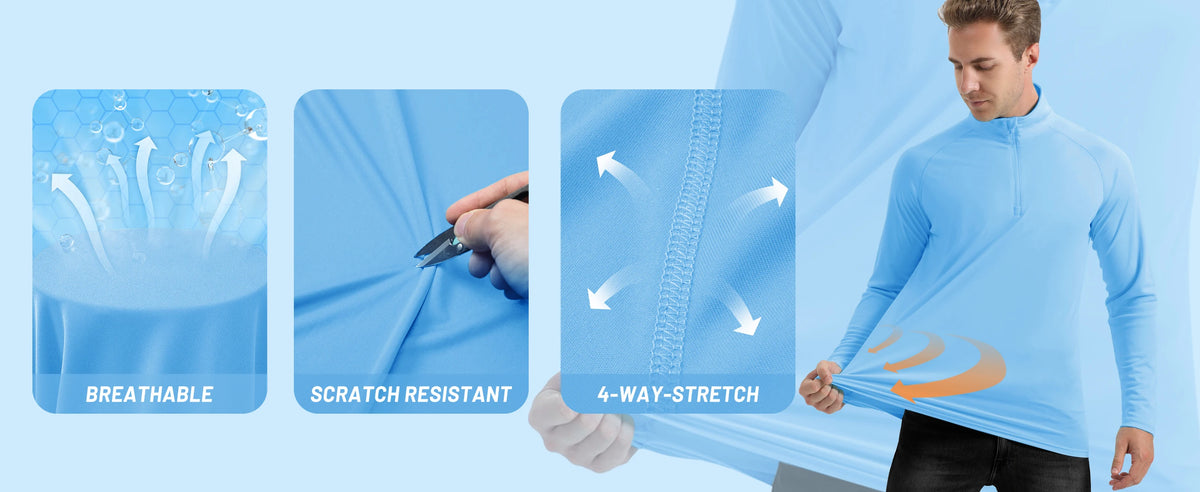 A light blue men's long sleeve shirt demonstrating breathable, scratch resistant, and 4-way stretch features.