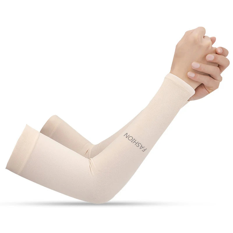 A person is wearing a light beige summer ice silk anti-sunburn arm sleeve on their forearm.