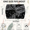 Black fabric headband with white paisley print shown flat, highlighting its elastic cloth, anti-wrinkle, breathable, and hygr