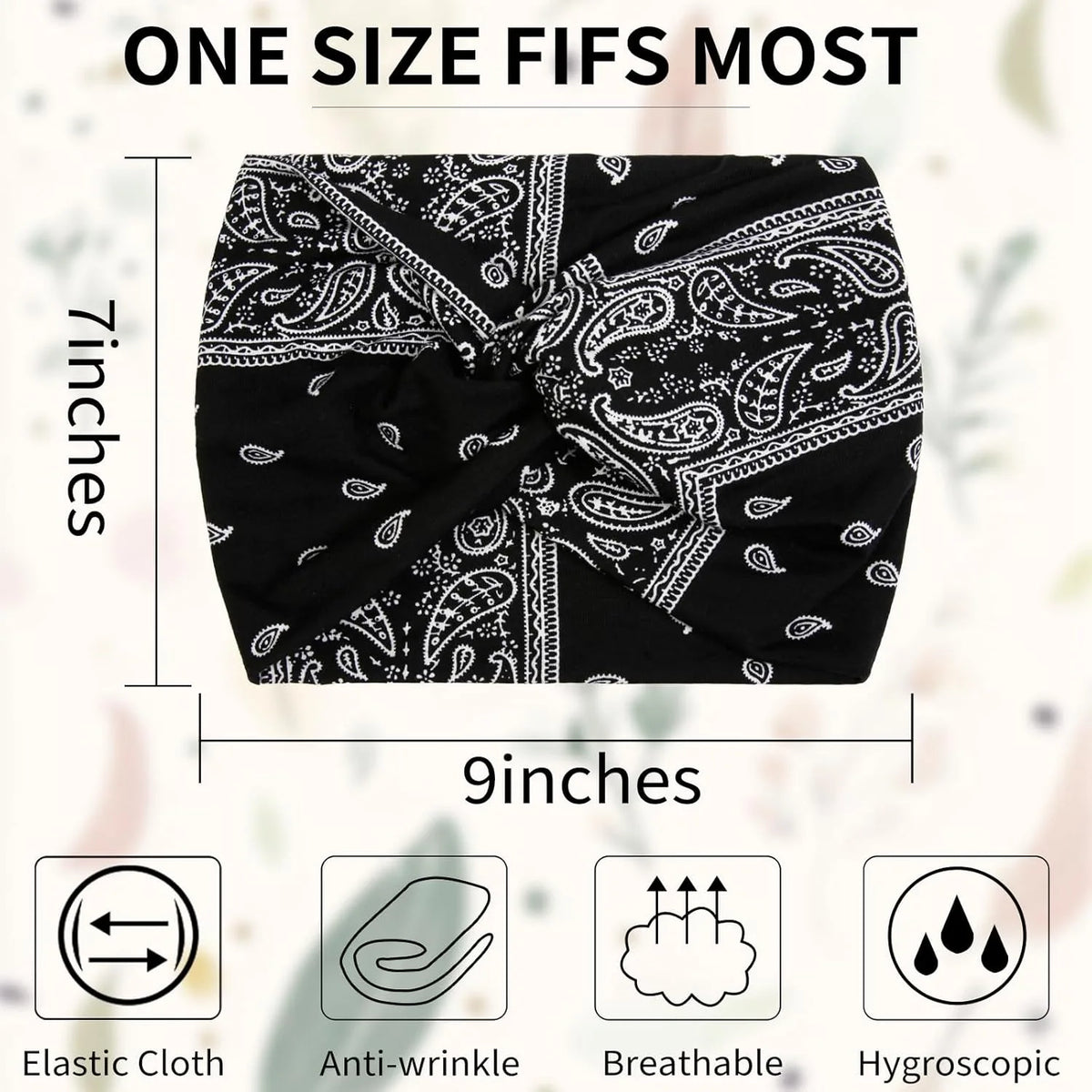 Black fabric headband with white paisley print shown flat, highlighting its elastic cloth, anti-wrinkle, breathable, and hygr