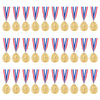 A row of gold, silver, and bronze award medals with blue, red, and white ribbons.