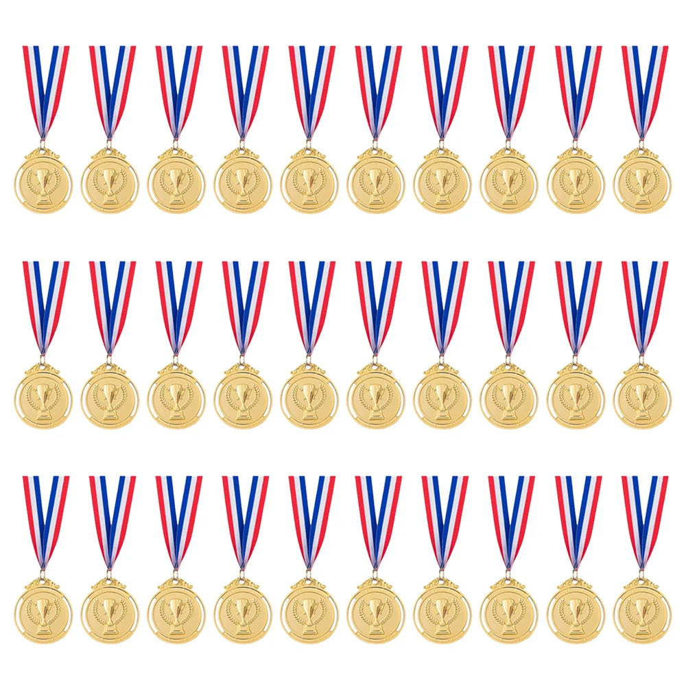 A row of gold, silver, and bronze award medals with blue, red, and white ribbons.