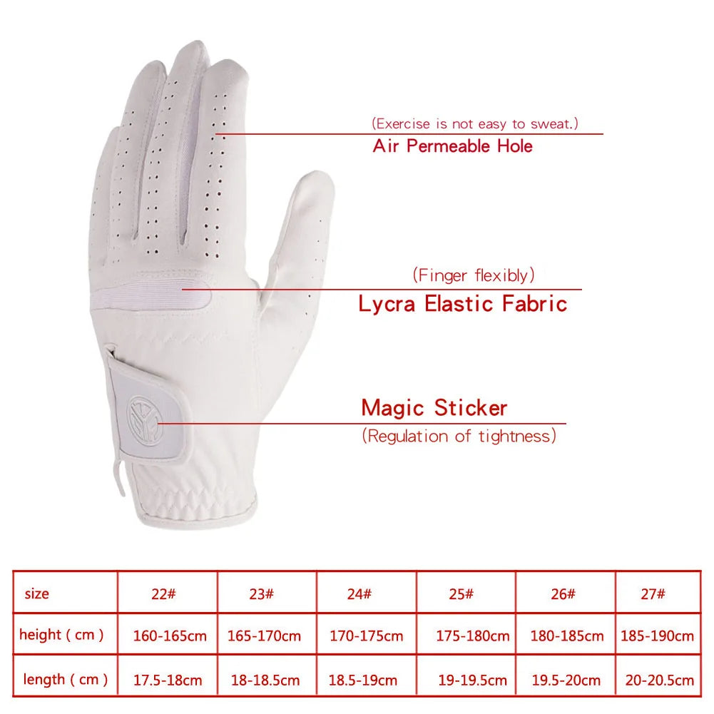 White Lycra elastic fabric golf glove with an air permeable hole and a magic sticker for regulation of tightness