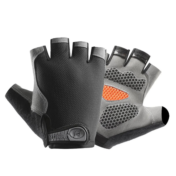 A pair of black breathable anti-slip gym workout gloves shown from above.