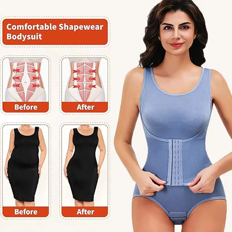 Comparison image showing before and after results of a zippered body shaper slimming bodysuit for tummy control