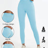 Light blue high-waist yoga leggings showing V-shape design and hip lift features