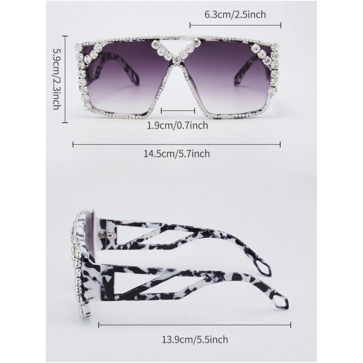 A pair of geometric rhinestone fashion sunglasses with black and white patterned frames.