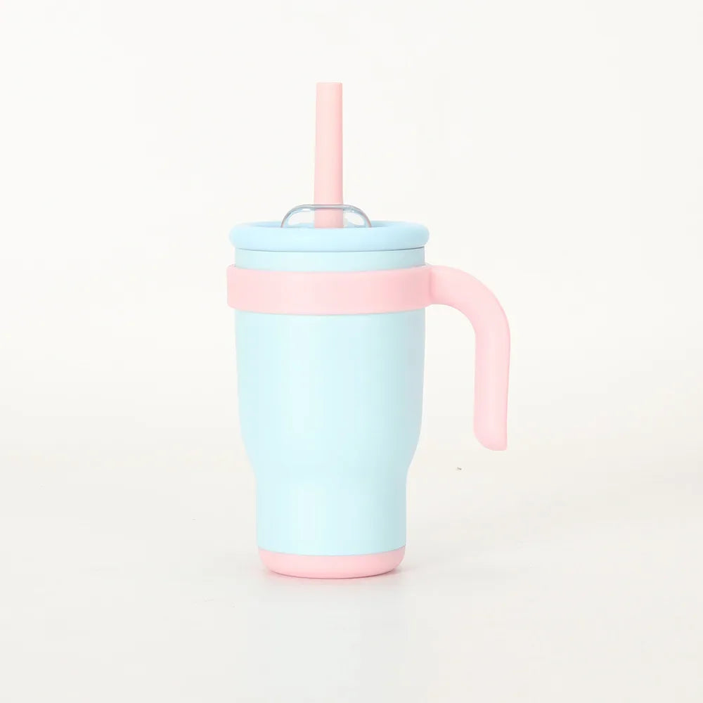 A light blue stainless steel travel mug with a pink lid and handle.