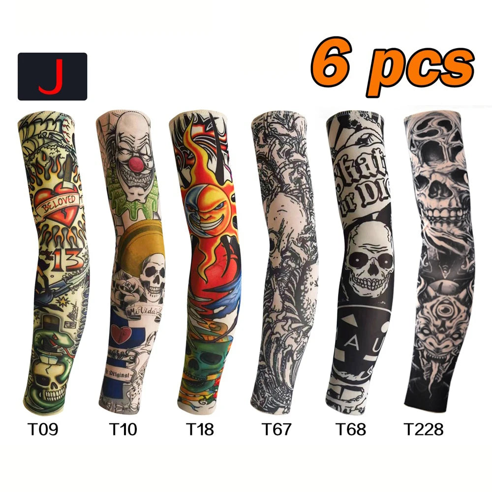 Six packs of black and colored tattoo design arm sleeves for UV protection