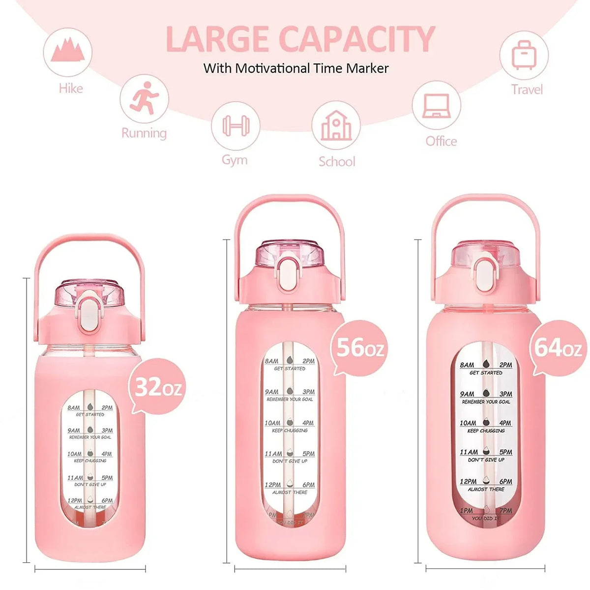 Pink wiederverwendbare Glasflasche mit motivierenden Zeitmarkierungen für große Kapazität