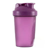 A purple portable protein shaker bottle with a sealed cap and textured body.