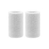 A pair of white dual sports wristbands for sweat absorption, cylindrical in shape.
