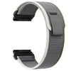 A close-up view of a gray and white adjustable nylon strap for a sports watch.