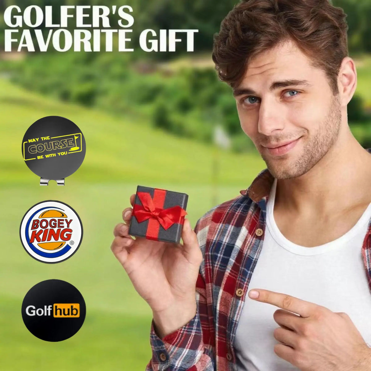 A man holds a red gift box and points to the camera while a title reads Golfer's Favorite Gift.