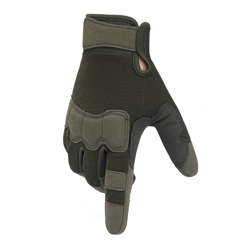 A dark olive green men's outdoor and cycling full finger mitten shown from the side.
