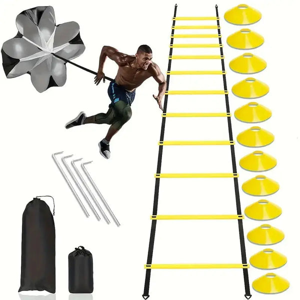 A black parachute chute is shown with a yellow ladder structure, used for football soccer training.