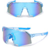 Blaue modische Sonnenbrille mit klaren Rahmen und blauen spiegelnden Linsen von vorne.