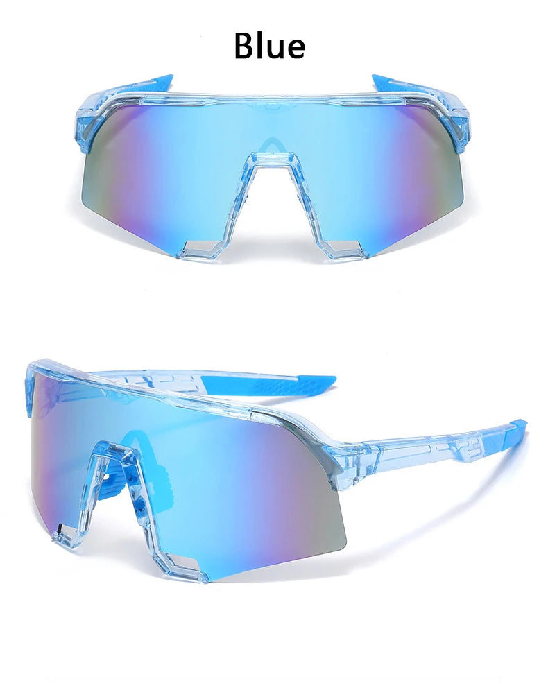 Blaue modische Sonnenbrille mit klaren Rahmen und blauen spiegelnden Linsen von vorne.