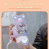 A purple cartoon animal water bottle is shown being held, demonstrating its sealing ring feature.