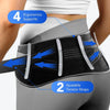 A black lower back pain support belt with adjustable tension straps and ergonomic supports worn around the waist.