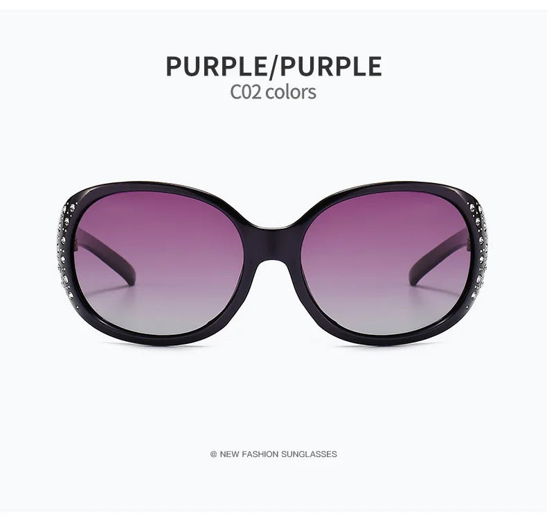 Purple polarized sunglasses with black frames and diamond inlay details.