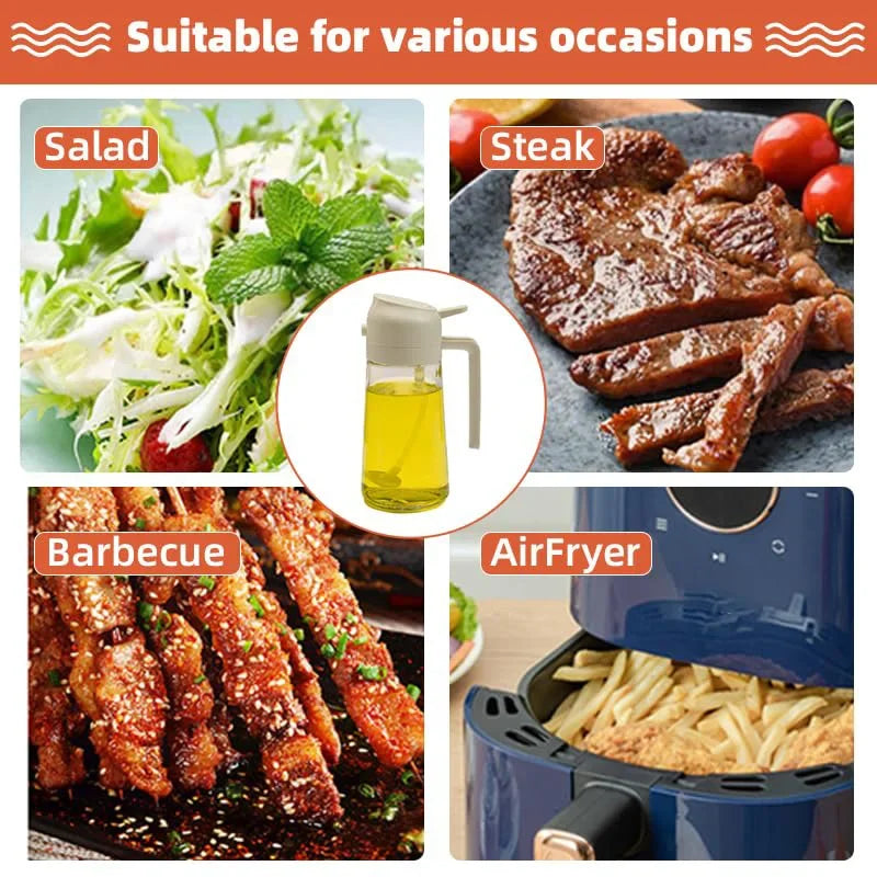 Glass oil sprayer bottle next to food items like salad, steak, and barbecue skewers.