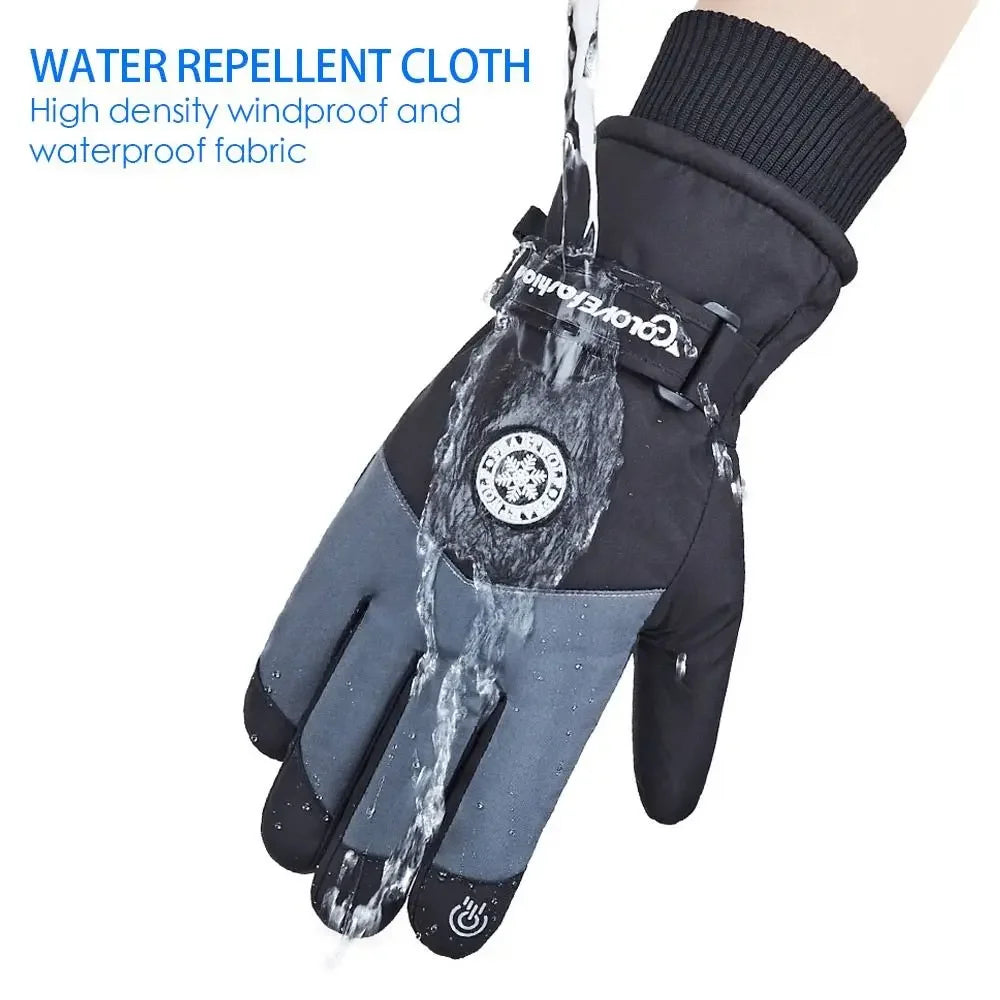 A close-up of a black water repellent cloth glove being used, showing its texture and design.