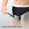 A close-up of a gray adjustable strap hernia belt being shown with blue arrows indicating adjustment points.