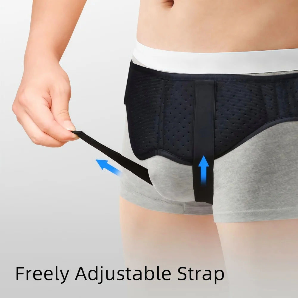 A close-up of a gray adjustable strap hernia belt being shown with blue arrows indicating adjustment points.