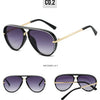 A pair of black and gold retro pilot sunglasses shown from the front and back views.