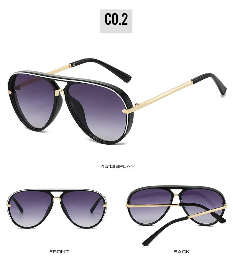 A pair of black and gold retro pilot sunglasses shown from the front and back views.