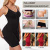 A woman models a black full body compression bodysuit, showing before and after results for slimming.