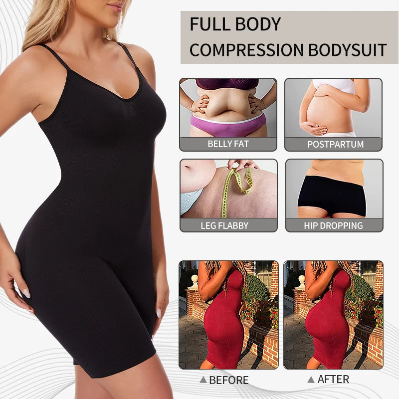 A woman models a black full body compression bodysuit, showing before and after results for slimming.