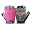 A pair of pink and gray breathable anti-slip gym workout gloves shown against a white background.