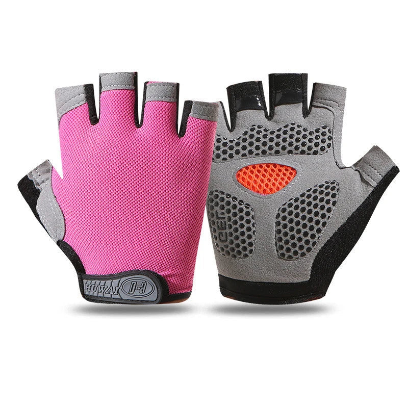 A pair of pink and gray breathable anti-slip gym workout gloves shown against a white background.