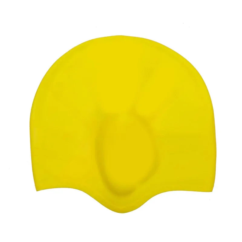 A bright yellow waterproof silicone swimming cap designed for long hair.