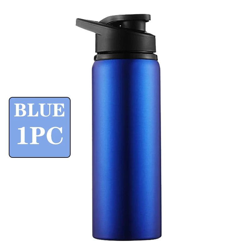 A blue leakproof portable aluminum water bottle with a black cap.