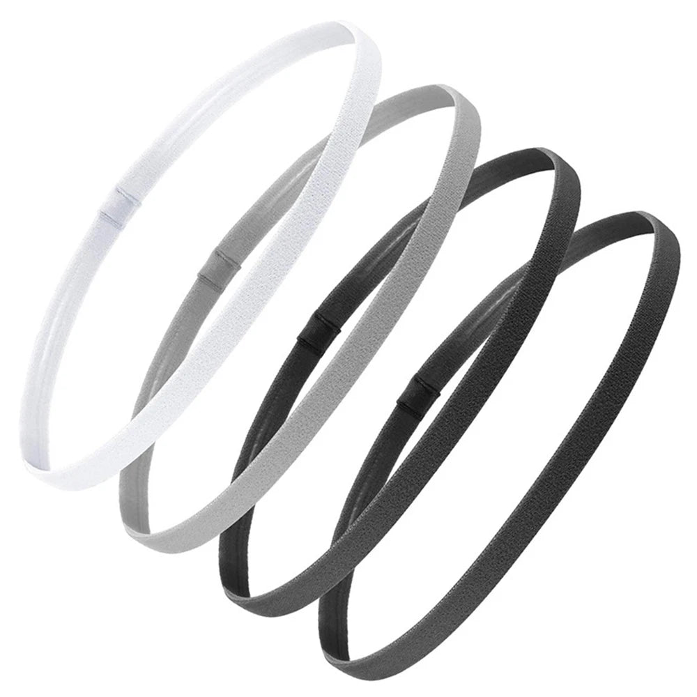 A pack of four non-slip elastic sport headbands in white and gray colors.
