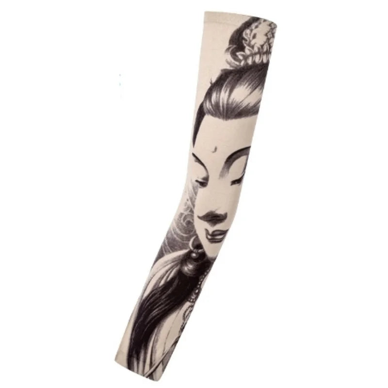 A close-up of a woman's face and neck decorated with black ink, showing a long seamless tattoo sleeve.