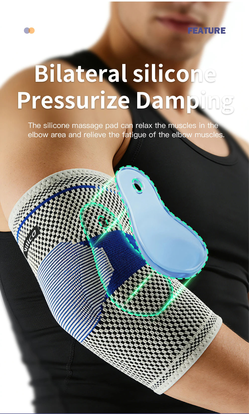 A hand wearing a silicone massage pad elbow guard sleeve for muscle relief.