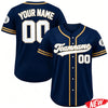 Navy blue personalized men's baseball jersey with gold trim and the number 00